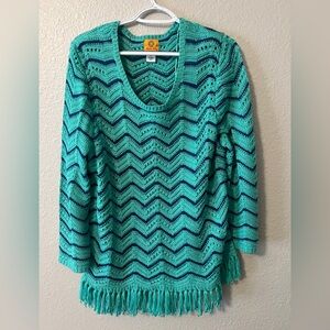 Ruby Rd. Teal and Blue Chevron Sweater with Fringe